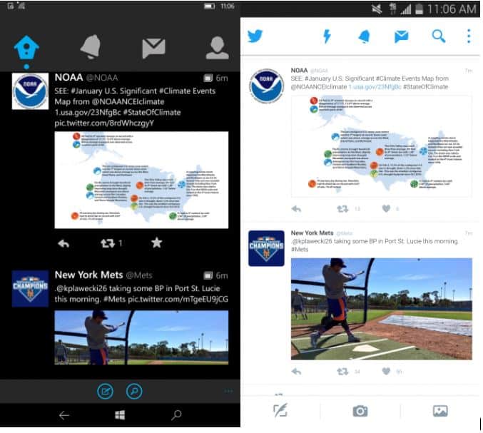 1-1 Twitter on Windows 10 Mobile vs Twitter on Android