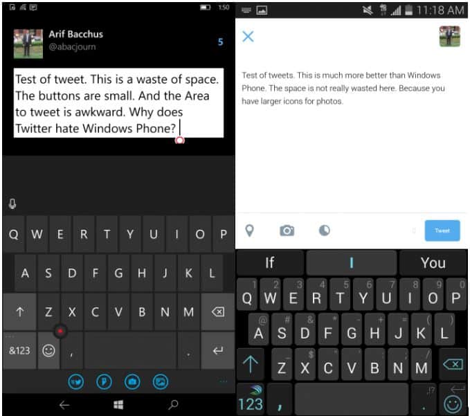 2-1 Twitter on Windows 10 Mobile vs Twitter on Android