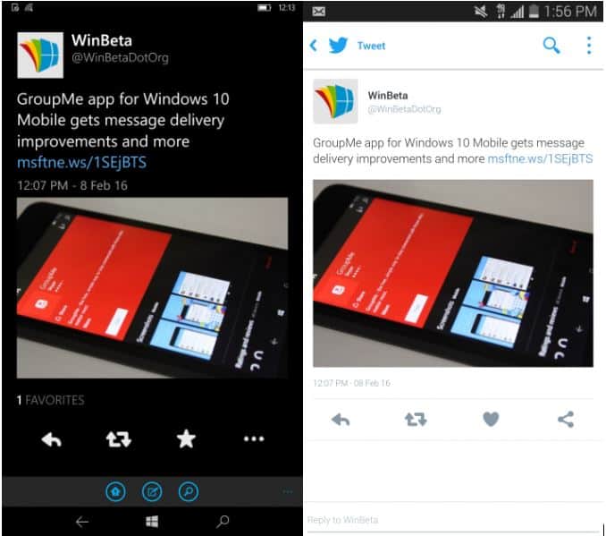 3-1 Twitter on Windows 10 Mobile vs Twitter on Android